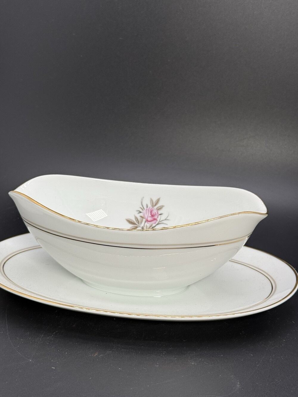 Vintage Noritake Daryl 5510 Gravy Boat W/Attached Underplate White Pink Roses